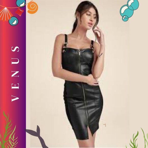 Vegan Leather Mini Dress with Metallic Buckle Straps – Edgy & Chic